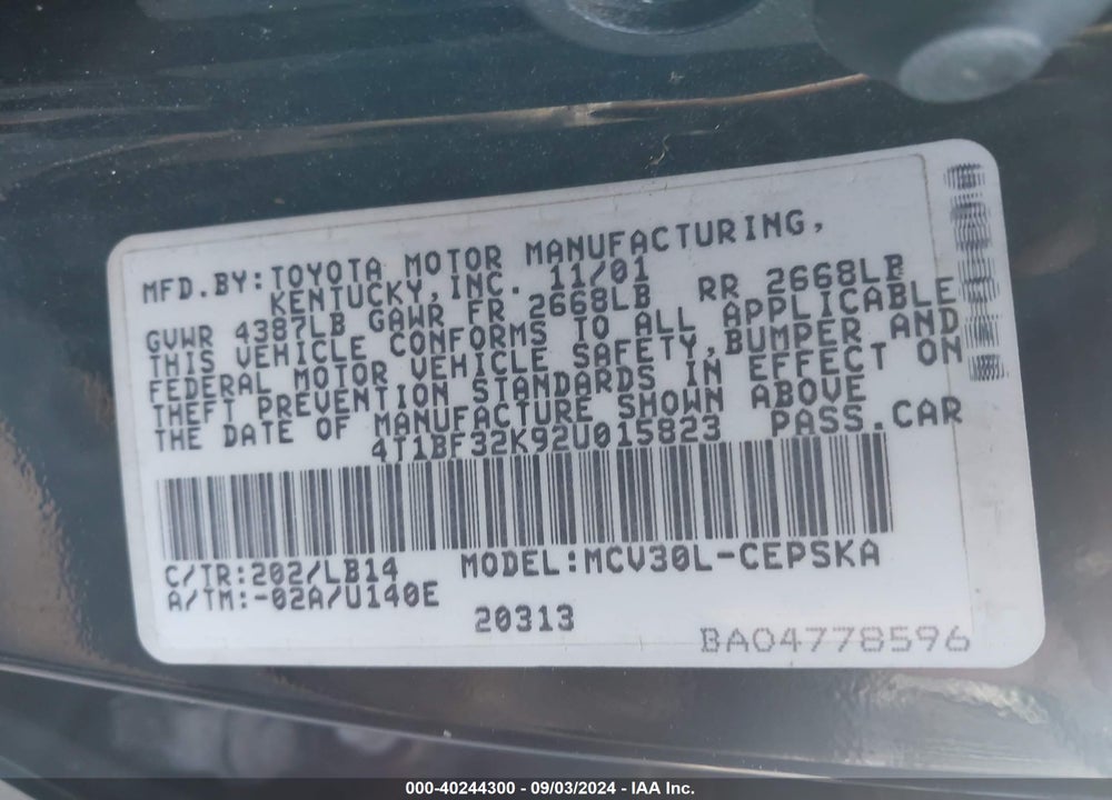 2002 TOYOTA CAMRY SE V6 VIN: 4T1BF32K92U015823