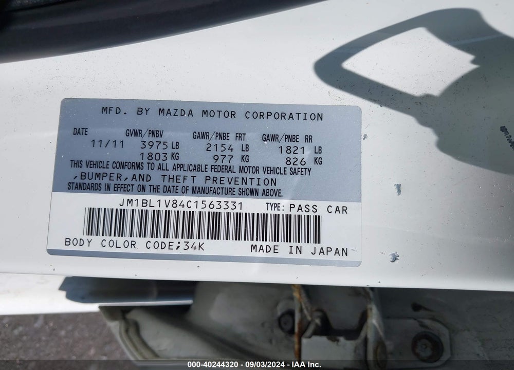 2012 MAZDA 3 I TOURING VIN: JM1BL1V84C1563331