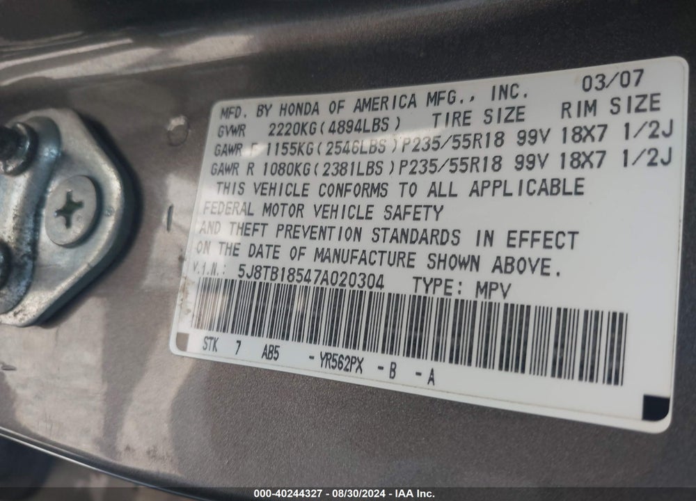 2007 ACURA RDX VIN: 5J8TB18547A020304