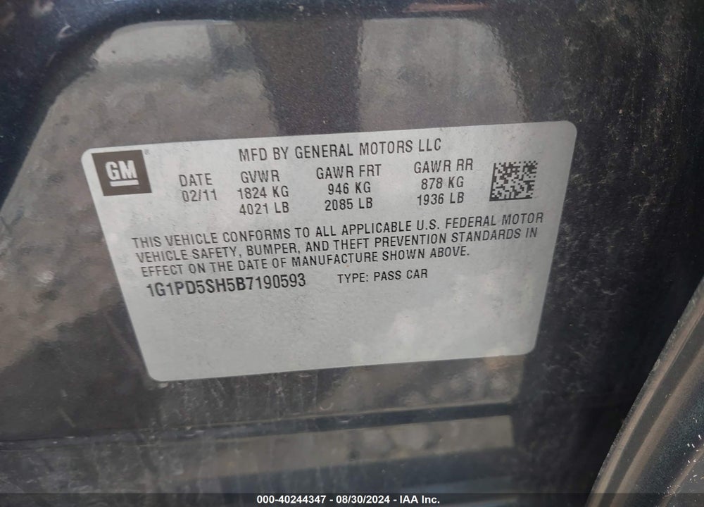 2011 CHEVROLET CRUZE LS VIN: 1G1PD5SH5B7190593