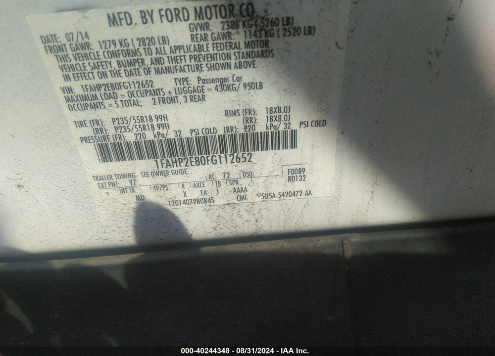 2015 FORD TAURUS SEL VIN: 1FAHP2E80FG112652