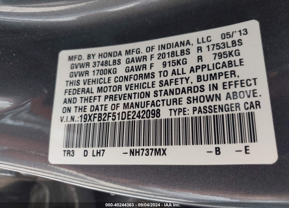 2013 HONDA CIVIC LX VIN: 19XFB2F51DE242098