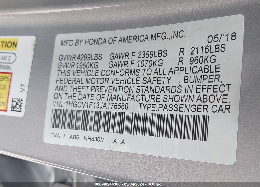 2018 HONDA ACCORD LX VIN: 1HGCV1F13JA176560