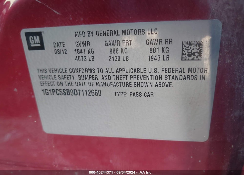 2013 CHEVROLET CRUZE 1LT AUTO VIN: 1G1PC5SB9D7112660
