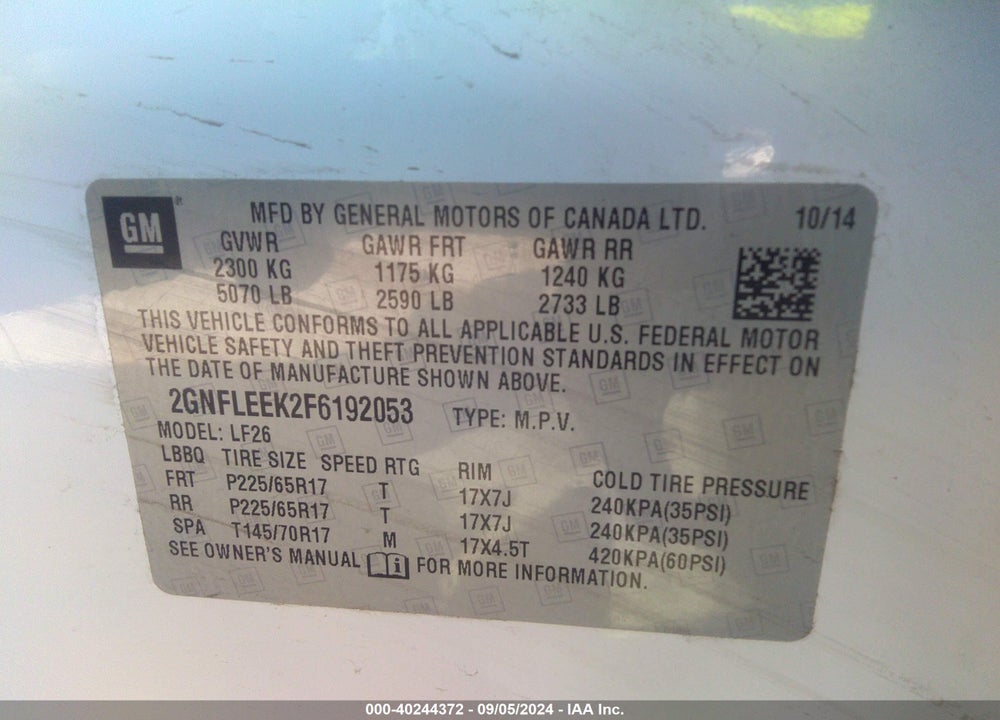 2015 CHEVROLET EQUINOX LS VIN: 2GNFLEEK2F6192053
