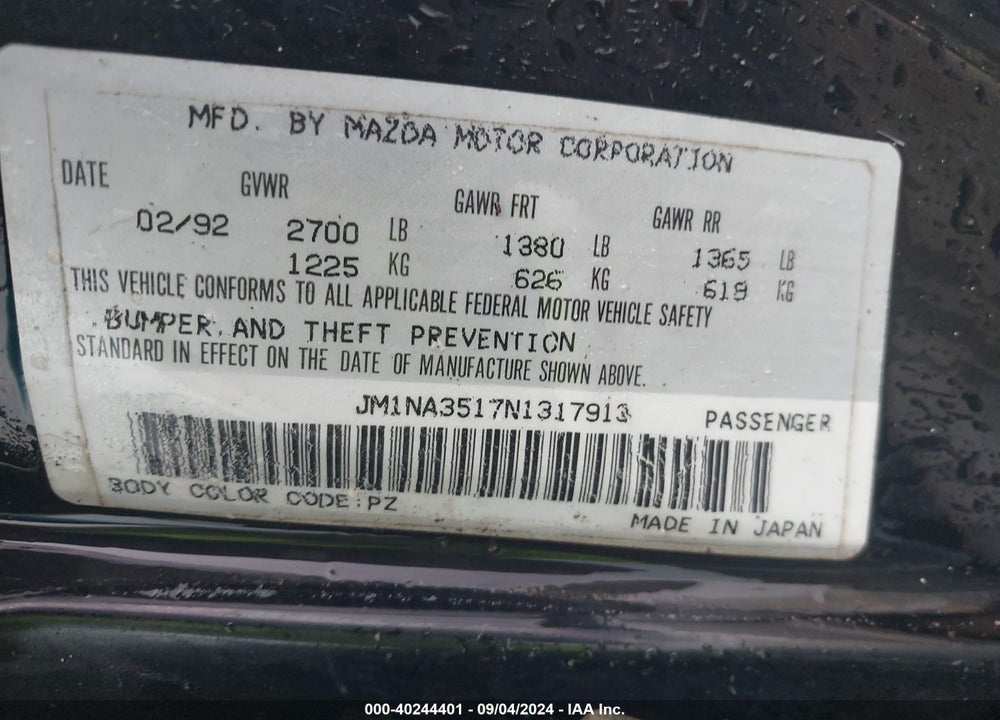 1992 MAZDA MX-5 MIATA VIN: JM1NA3517N1317913