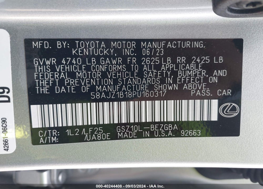 2023 LEXUS ES 350 F-SPORT HANDLING VIN: 58AJZ1B18PU160317