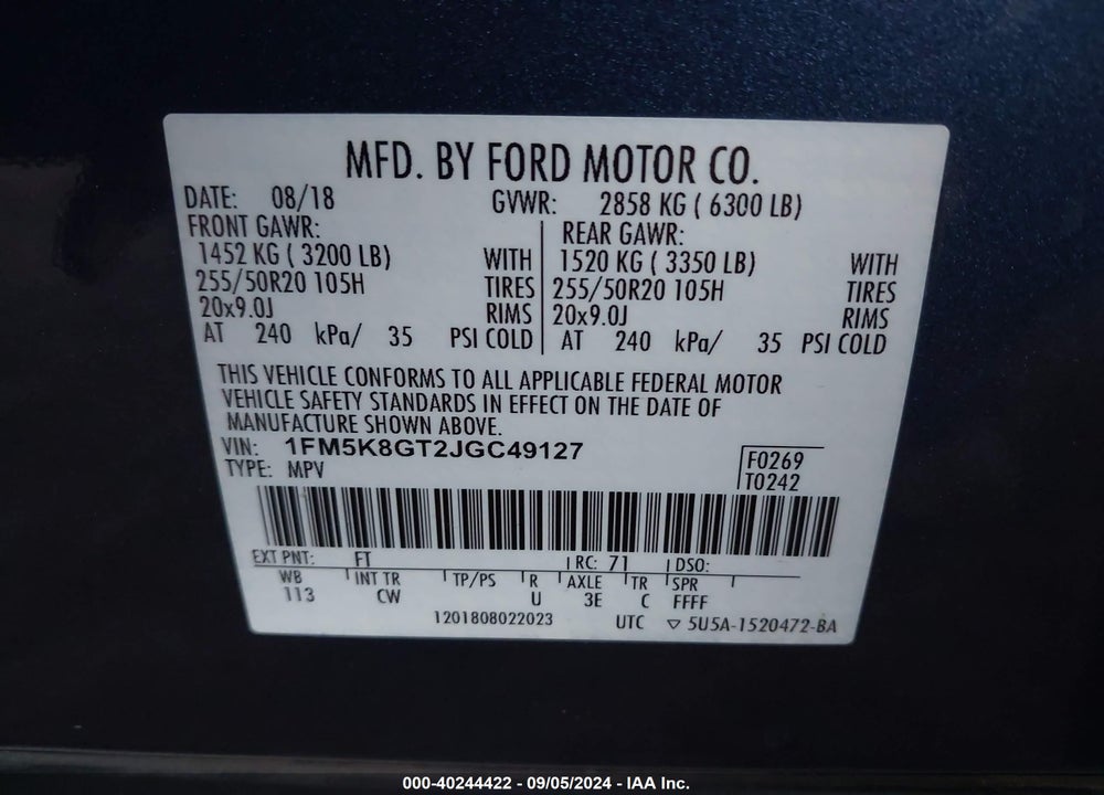 2018 FORD EXPLORER SPORT VIN: 1FM5K8GT2JGC49127
