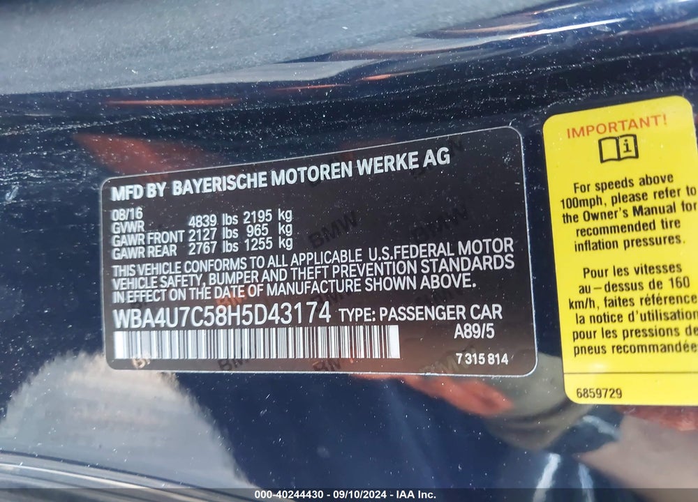 2017 BMW 430I VIN: WBA4U7C58H5D43174