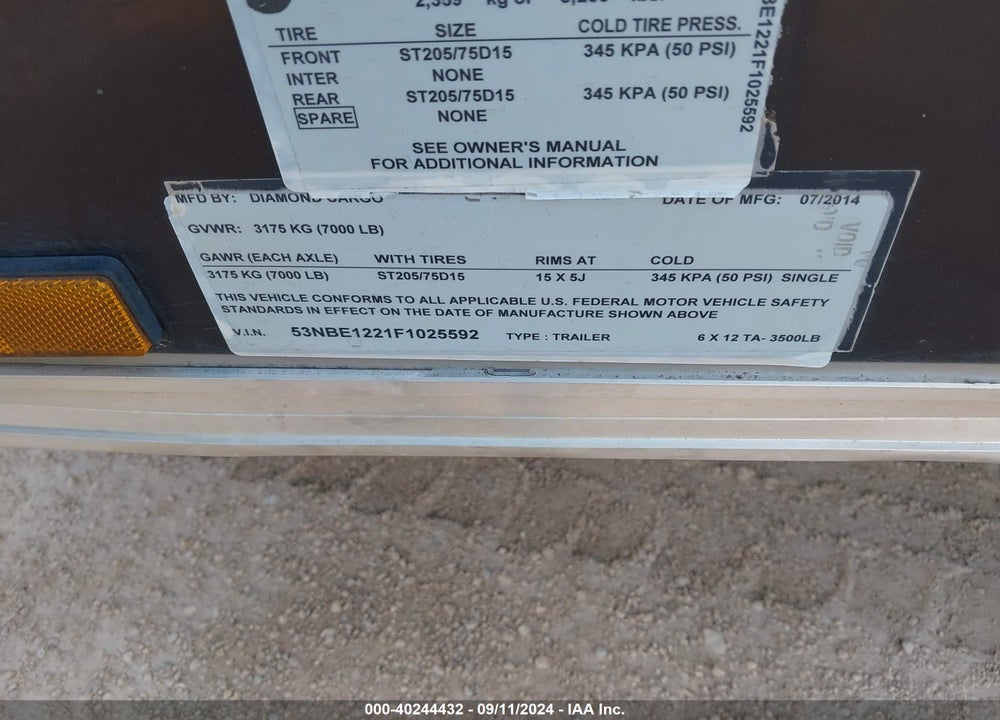 2015 DIAMOND ENCLOSED VIN: 53NBE1221F1025592