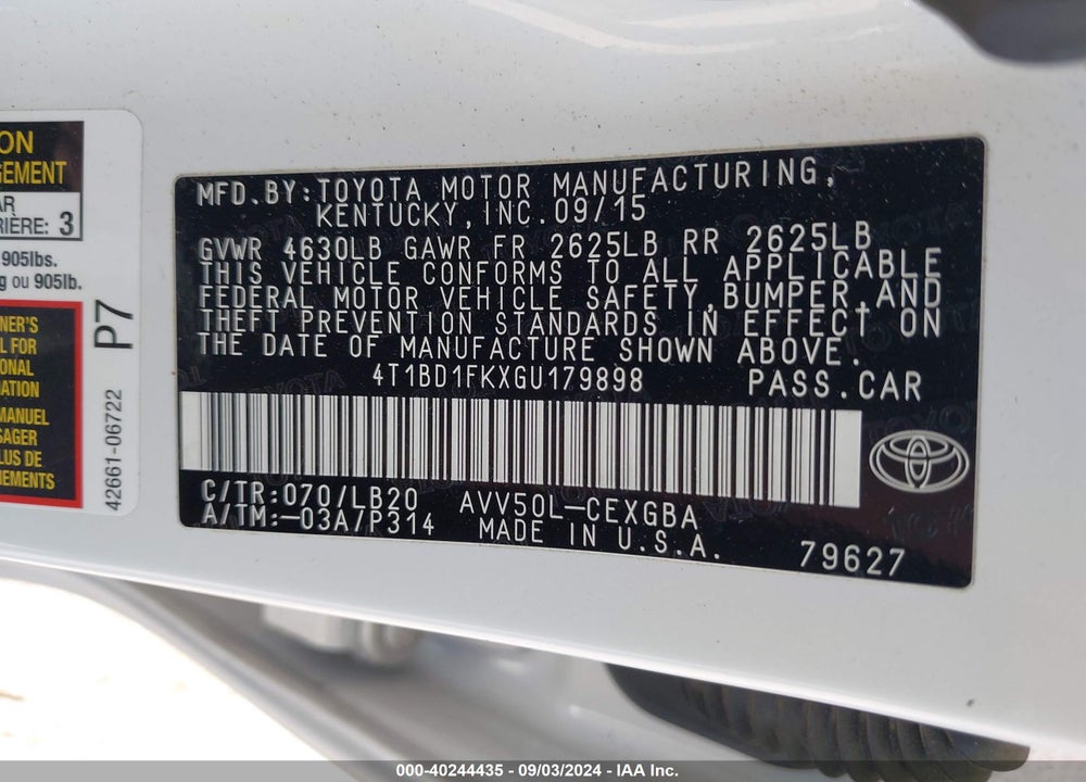 2016 TOYOTA CAMRY HYBRID XLE VIN: 4T1BD1FKXGU179898