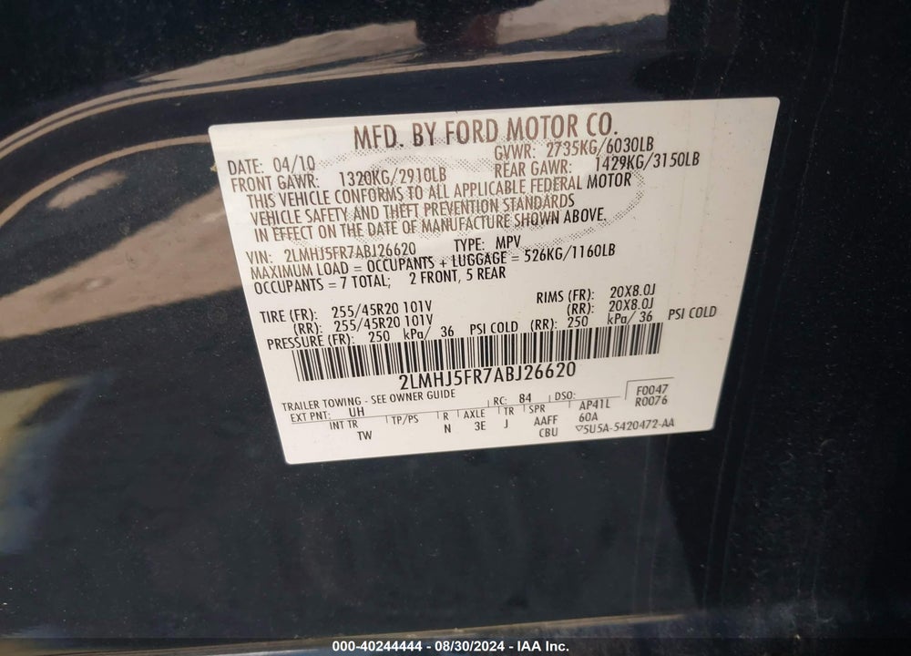 2010 LINCOLN MKT VIN: 2LMHJ5FR7ABJ26620