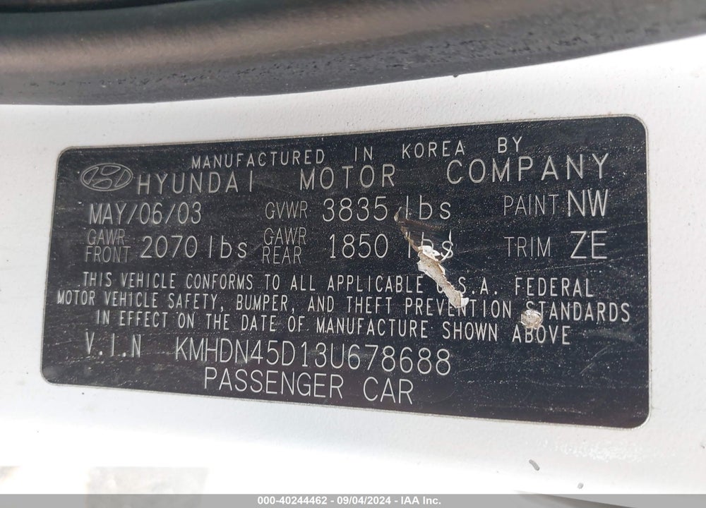 2003 HYUNDAI ELANTRA GLS/GT VIN: KMHDN45D13U678688