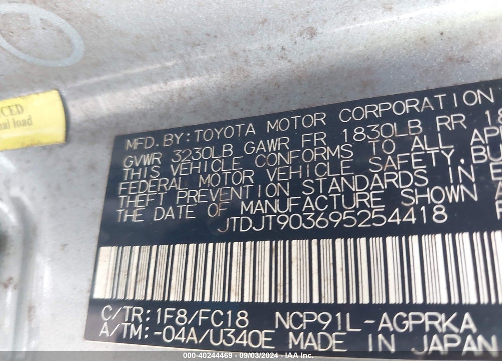 2009 TOYOTA YARIS VIN: JTDJT903695254418
