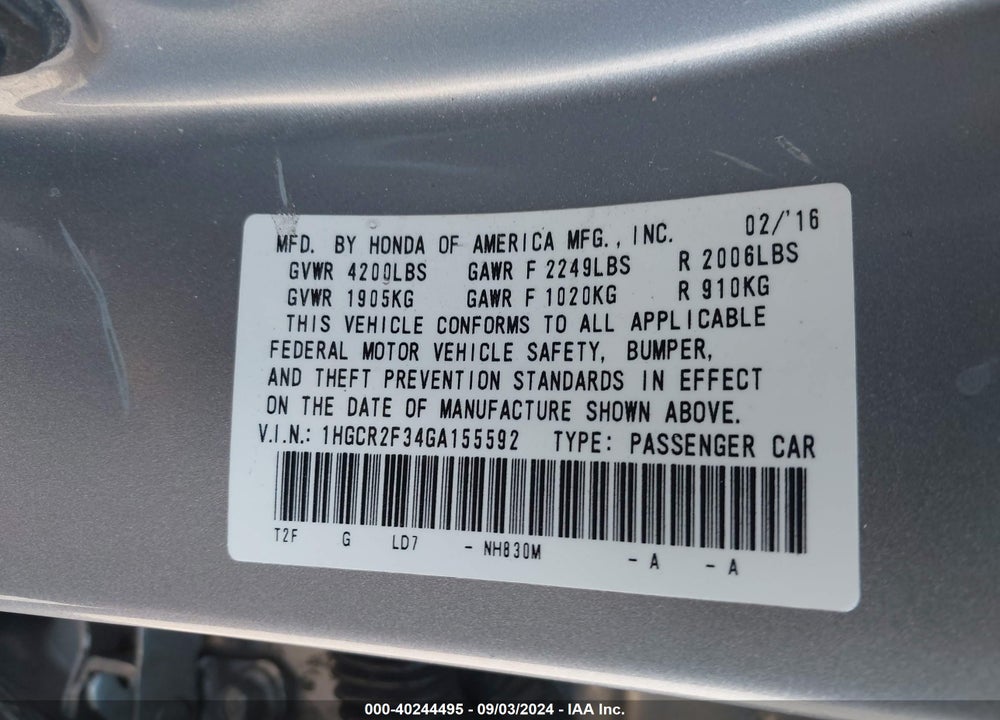 2016 HONDA ACCORD LX VIN: 1HGCR2F34GA155592