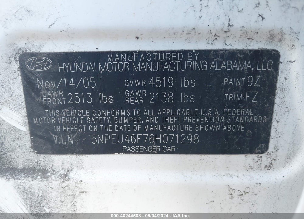 2006 HYUNDAI SONATA GLS V6/LX V6 VIN: 5NPEU46F76H071298