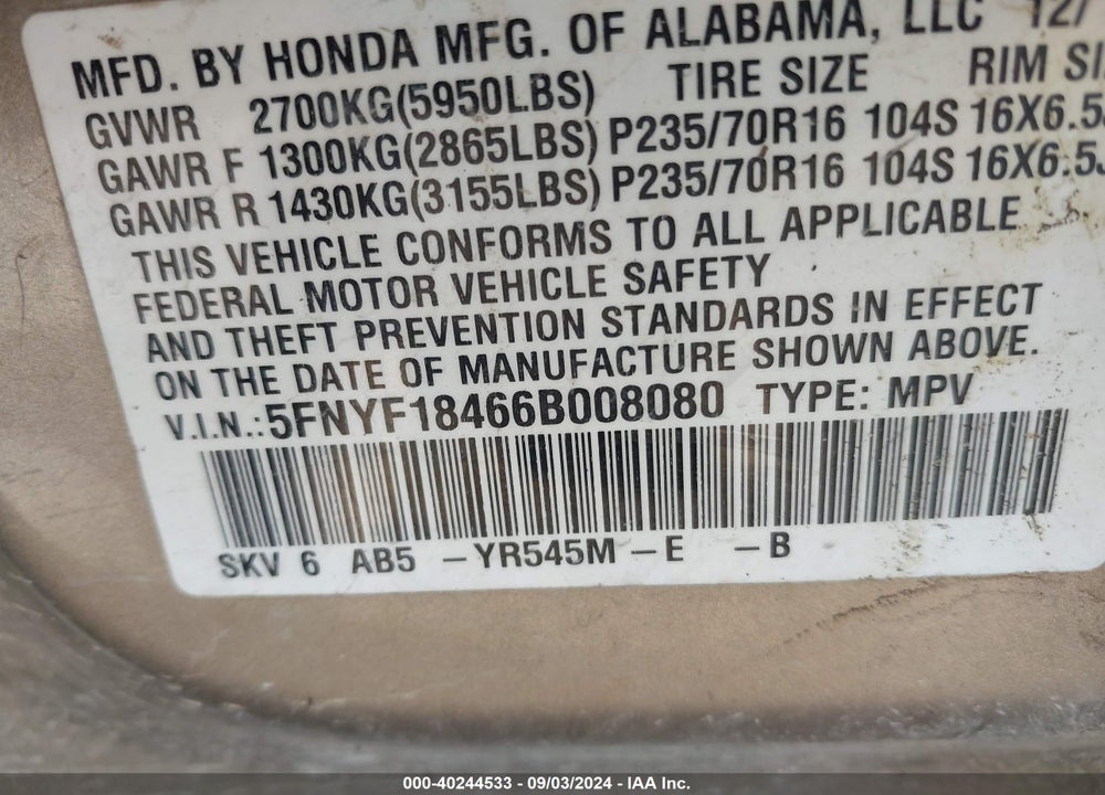 2006 HONDA PILOT EX VIN: 5FNYF18466B008080