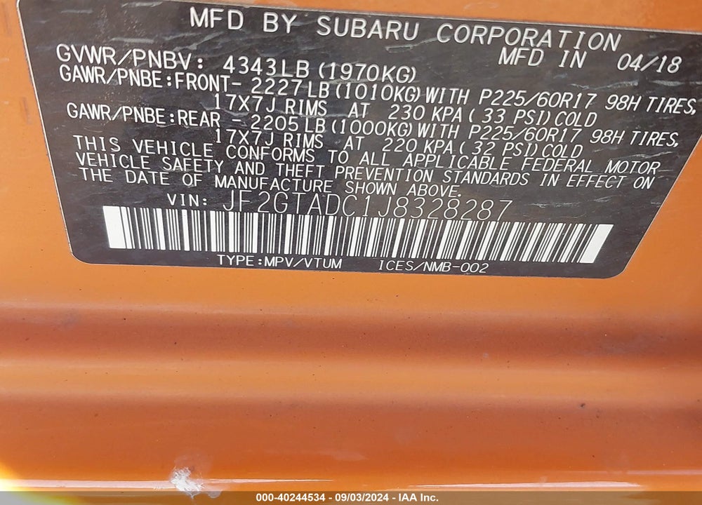 2018 SUBARU CROSSTREK 2.0I PREMIUM VIN: JF2GTADC1J8328287