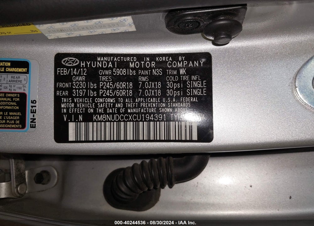 2012 HYUNDAI VERACRUZ LIMITED VIN: KM8NUDCCXCU194391