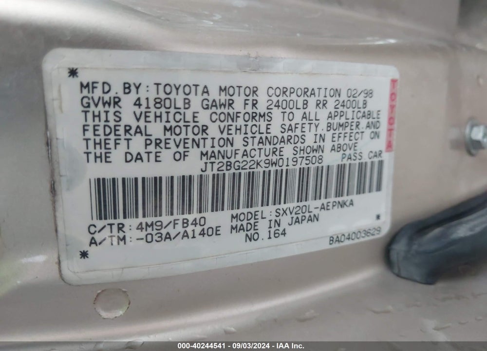 1998 TOYOTA CAMRY LE VIN: JT2BG22K9W0197508