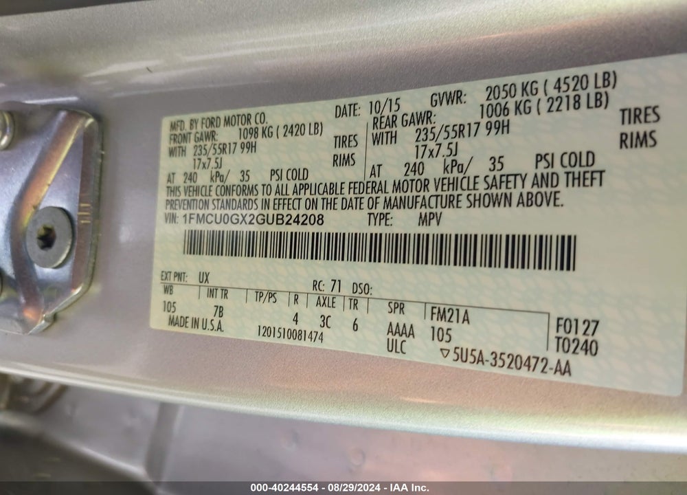 2016 FORD ESCAPE SE VIN: 1FMCU0GX2GUB24208