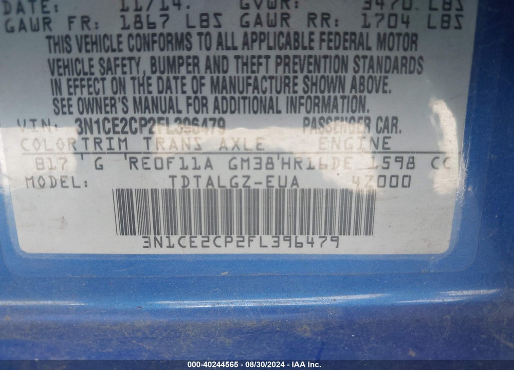 2015 NISSAN VERSA NOTE VIN: 3N1CE2CP2FL396479