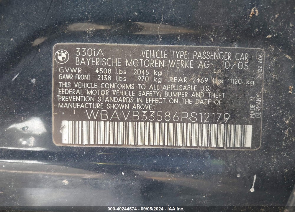 2006 BMW 330I VIN: WBAVB33586PS12179