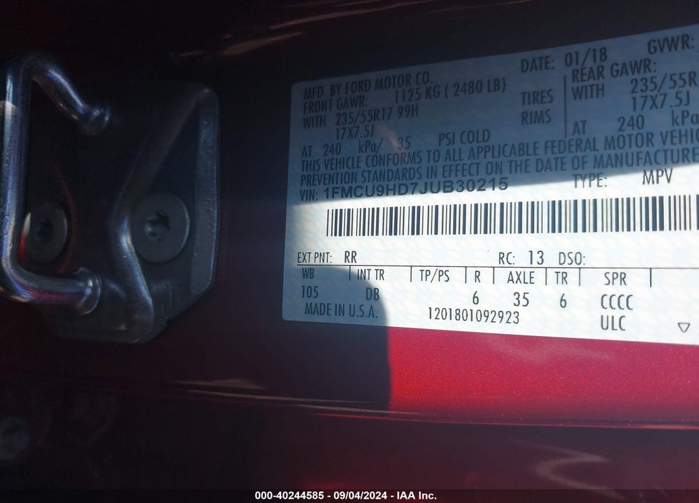 2018 FORD ESCAPE SEL VIN: 1FMCU9HD7JUB30215