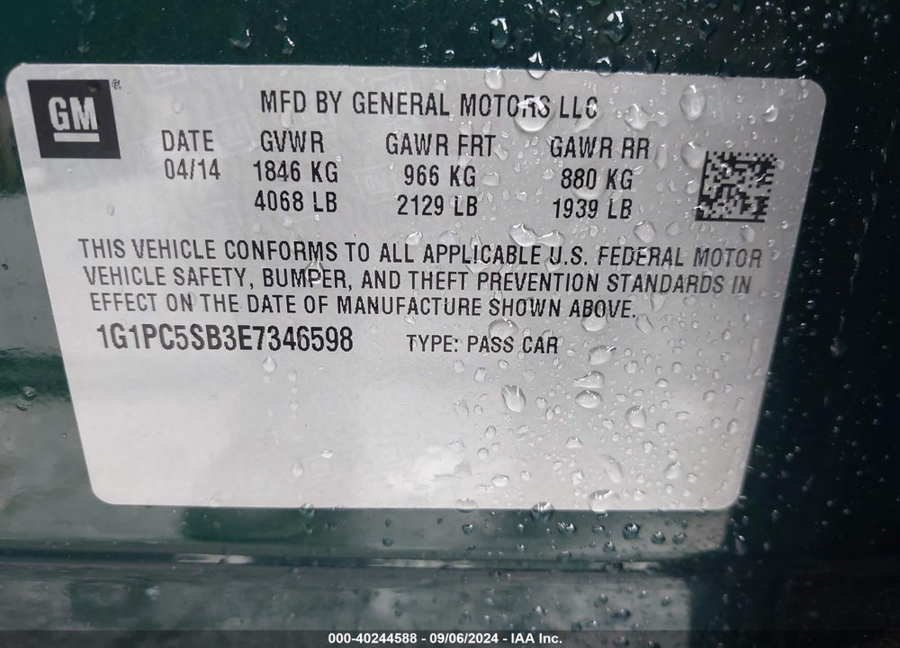 2014 CHEVROLET CRUZE 1LT AUTO VIN: 1G1PC5SB3E7346598