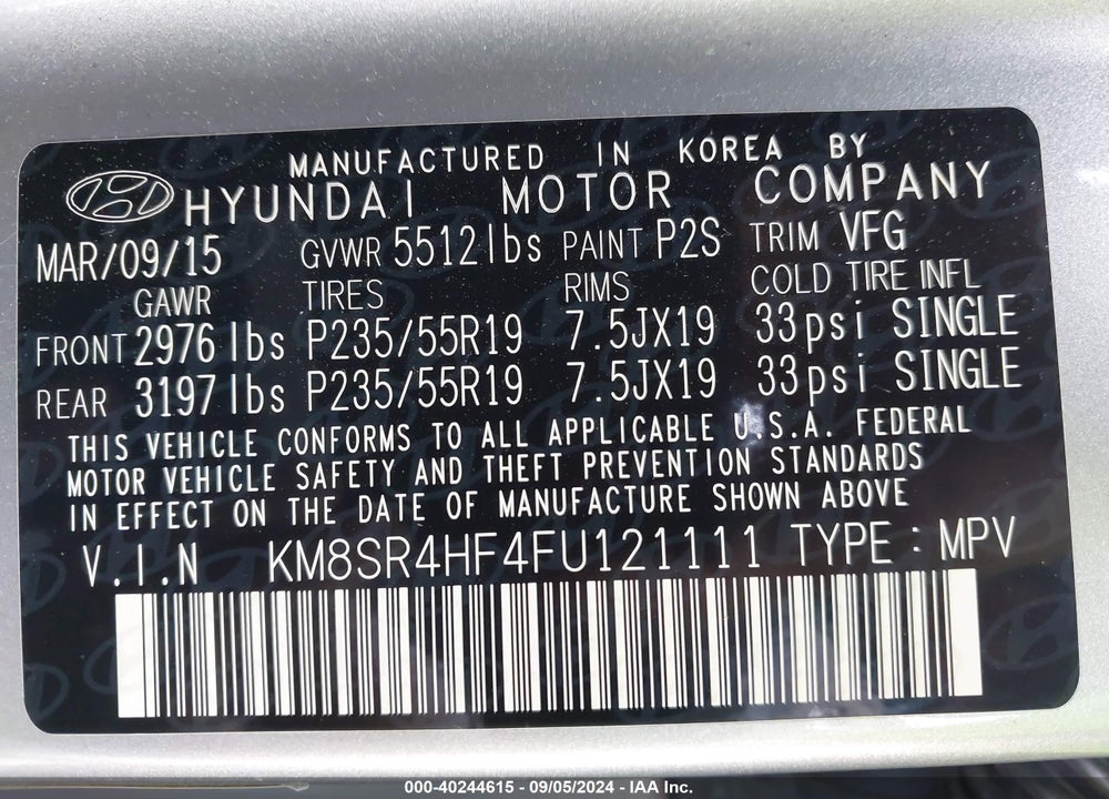 2015 HYUNDAI SANTA FE LIMITED VIN: KM8SR4HF4FU121111