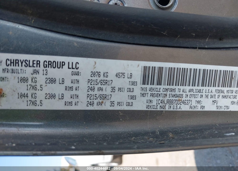 2013 JEEP PATRIOT SPORT VIN: 1C4NJRBB7DD246371