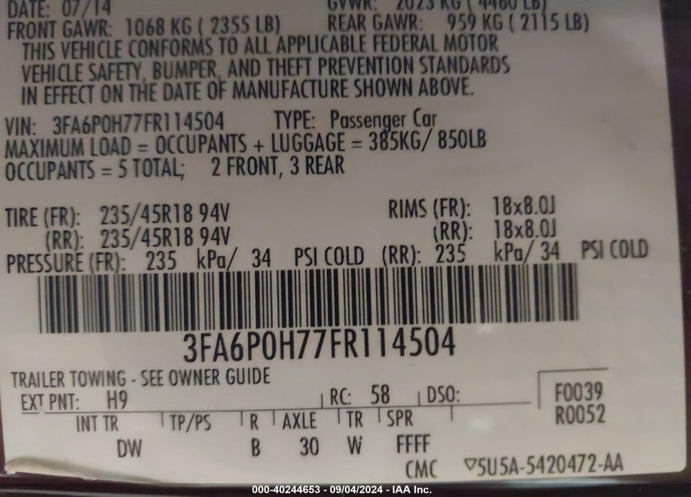 2015 FORD FUSION SE VIN: 3FA6P0H77FR114504