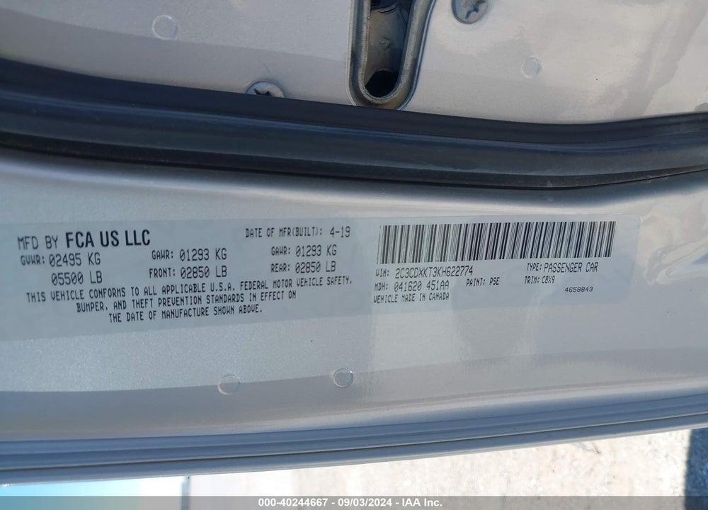 2019 DODGE CHARGER POLICE AWD VIN: 2C3CDXKT3KH622774