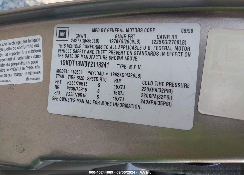 2000 GMC JIMMY VIN: 1GKDT13W0Y2113241
