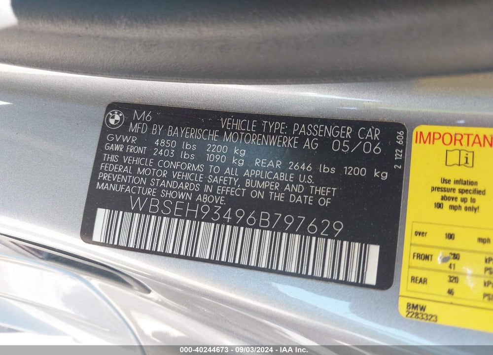 2006 BMW M6 VIN: WBSEH93496B797629