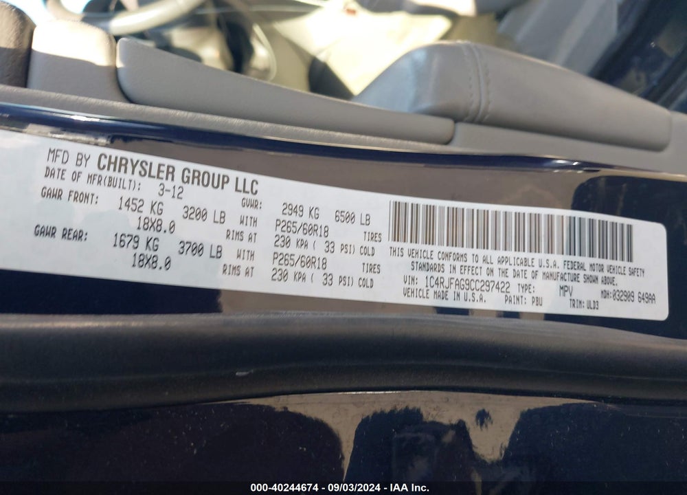 2012 JEEP GRAND CHEROKEE LAREDO VIN: 1C4RJFAG9CC297422