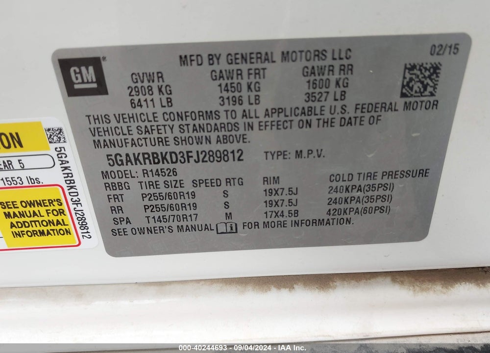 2015 BUICK ENCLAVE LEATHER VIN: 5GAKRBKD3FJ289812