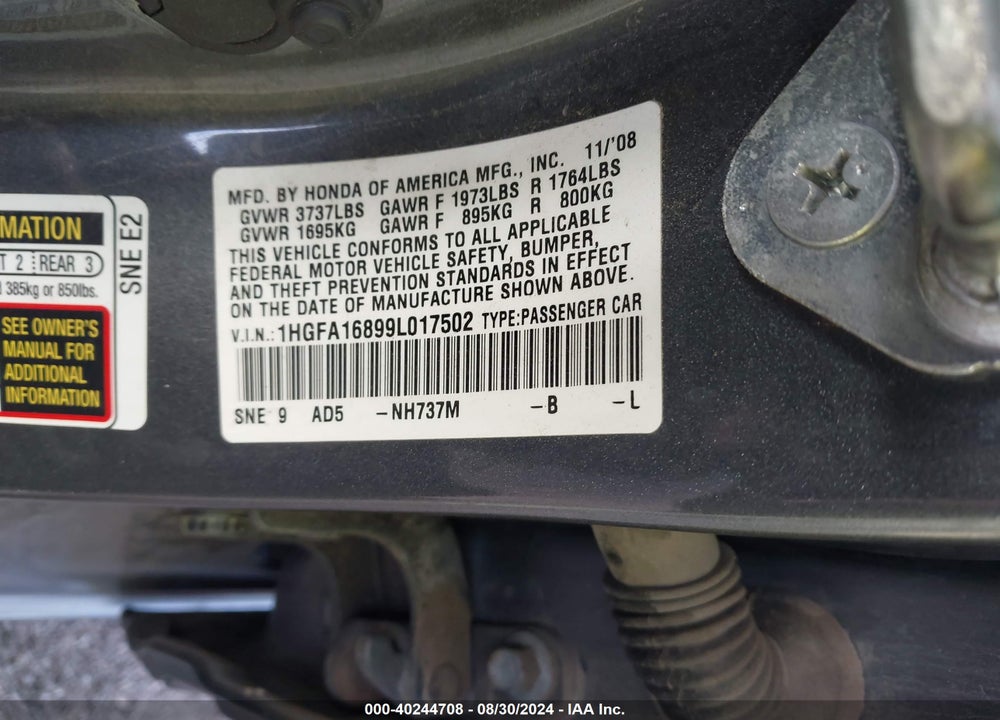 2009 HONDA CIVIC VIN: 1HGFA16899L017502