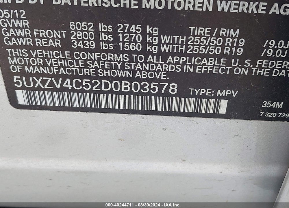2013 BMW X5 XDRIVE35I/XDRIVE35I PREMIUM/XDRIVE35I SPORT ACTIVITY VIN: 5UXZV4C52D0B03578