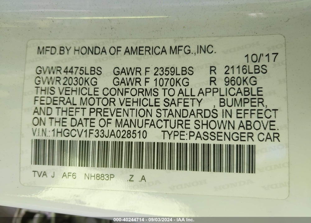 2018 HONDA ACCORD SPORT VIN: 1HGCV1F33JA028510