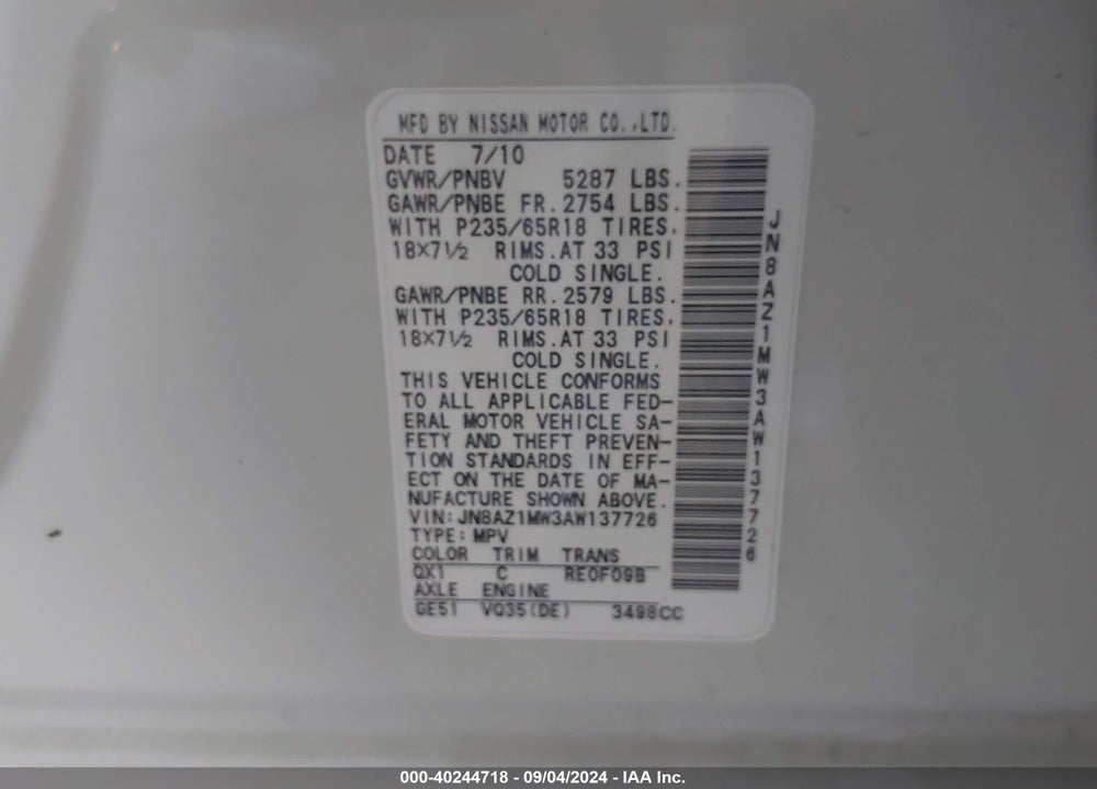 2010 NISSAN MURANO SL VIN: JN8AZ1MW3AW137726