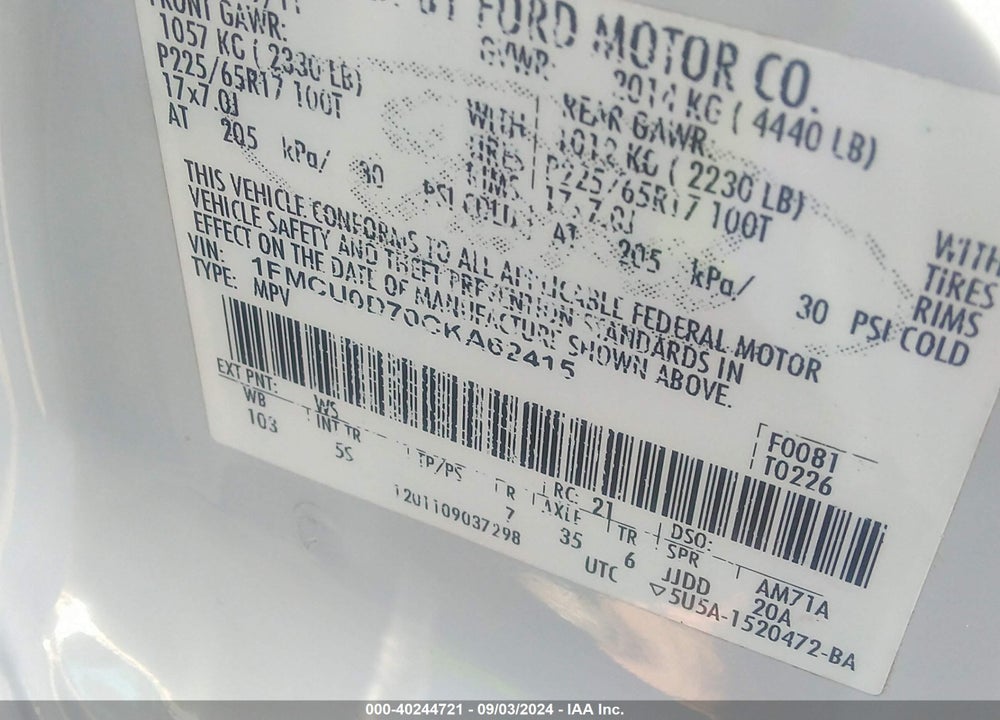 2012 FORD ESCAPE XLT VIN: 1FMCU0D70CKA62415