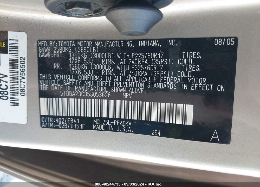 2005 TOYOTA SIENNA LE VIN: 5TDBA23C35S053626