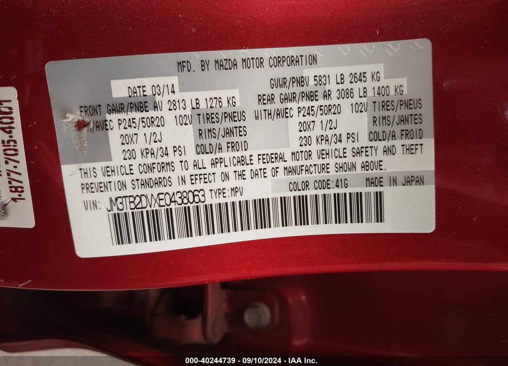 2014 MAZDA CX-9 GRAND TOURING VIN: JM3TB2DVXE0438063