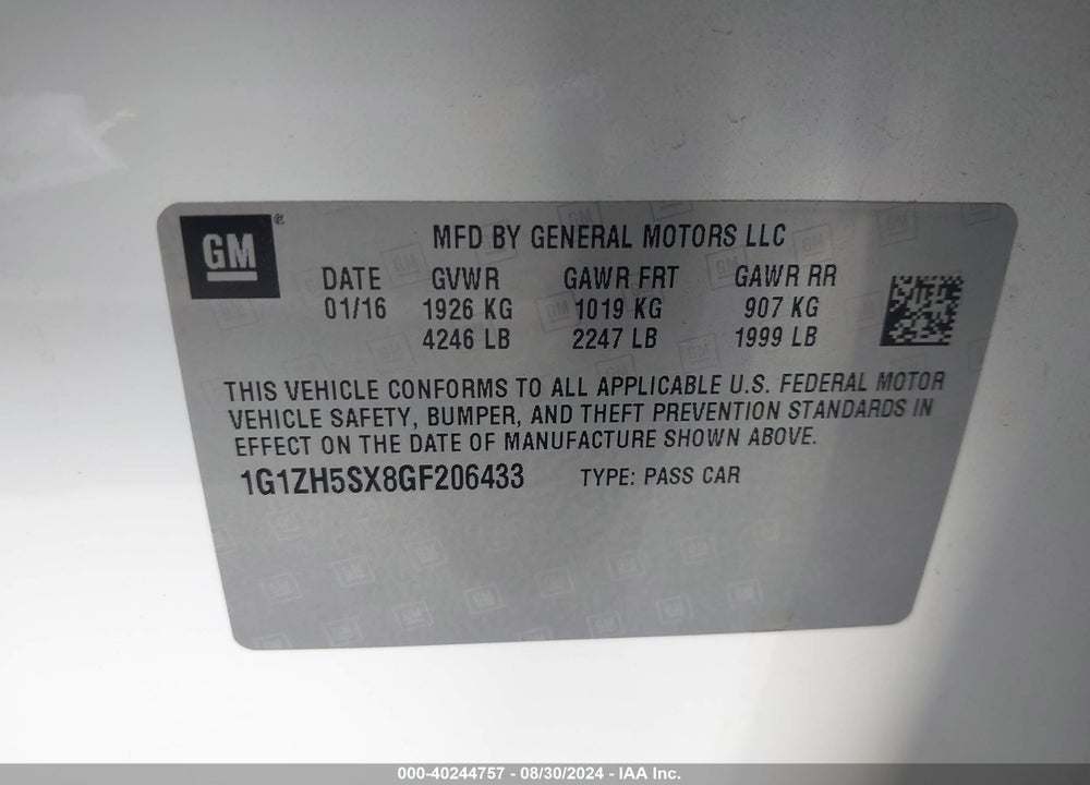 2016 CHEVROLET MALIBU PREMIER VIN: 1G1ZH5SX8GF206433