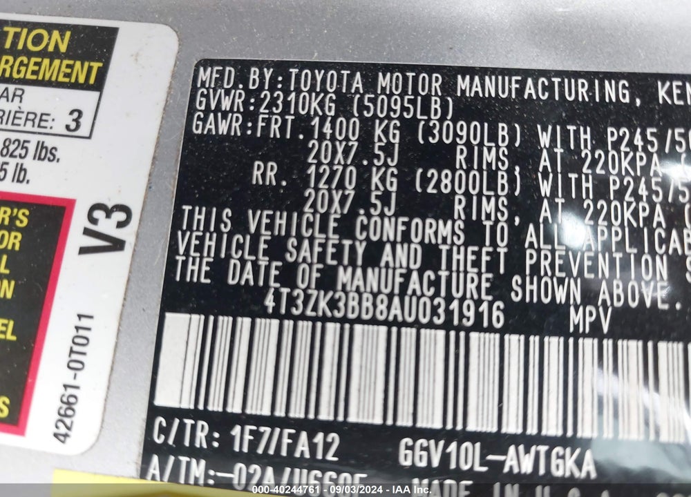 2010 TOYOTA VENZA BASE V6 VIN: 4T3ZK3BB8AU031916
