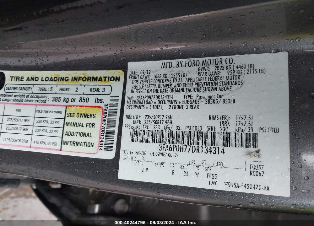 2013 FORD FUSION SE VIN: 3FA6P0H77DR134314