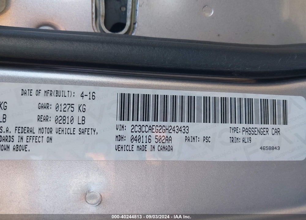 2016 CHRYSLER 300C VIN: 2C3CCAEG2GH243433