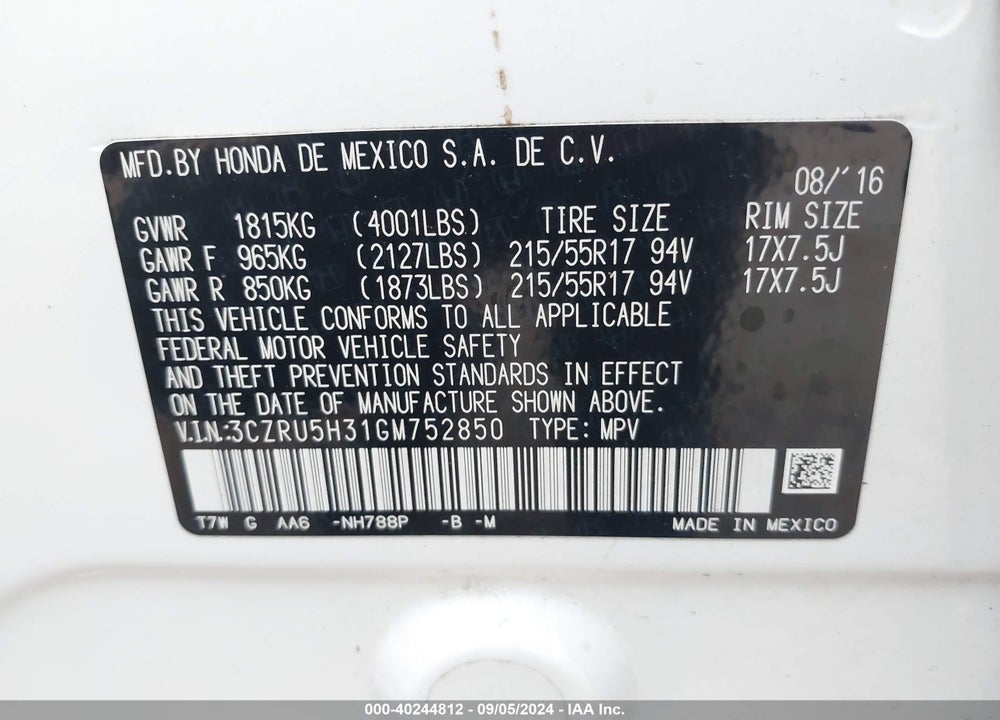 2016 HONDA HR-V LX VIN: 3CZRU5H31GM752850