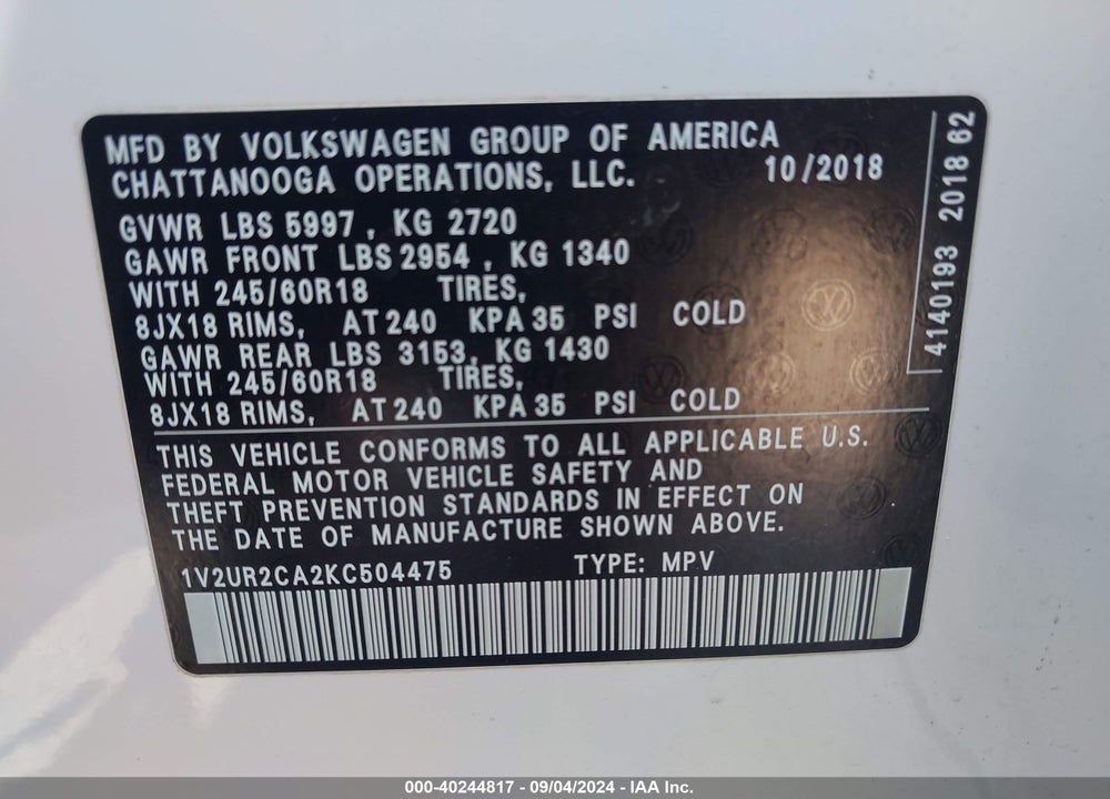 2019 VOLKSWAGEN ATLAS 3.6L V6 SE W/TECHNOLOGY VIN: 1V2UR2CA2KC504475